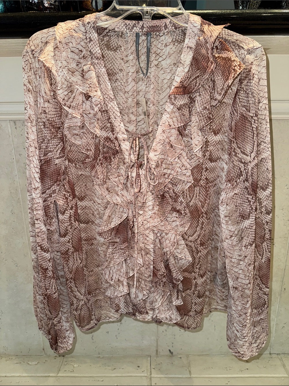 Anthropologie Snakeskin Ruffle Tie‑Neck Blouse – Brown/Pink Motif – Size L